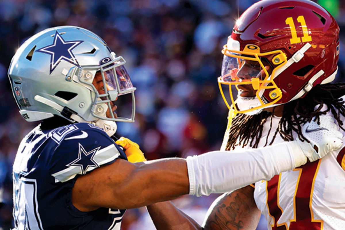 Dallas Cowboys cornerback Kelvin Joseph (24) exchanges words with Washington Football Team wide receiver Cam Sims (11) at FedExField.